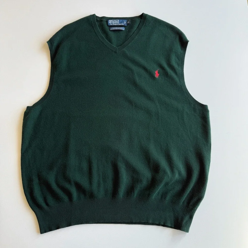 Polo Ralph Lauren VTG 100%‎ Pima Cotton Forest Green Red Pony V Neck Vest XL